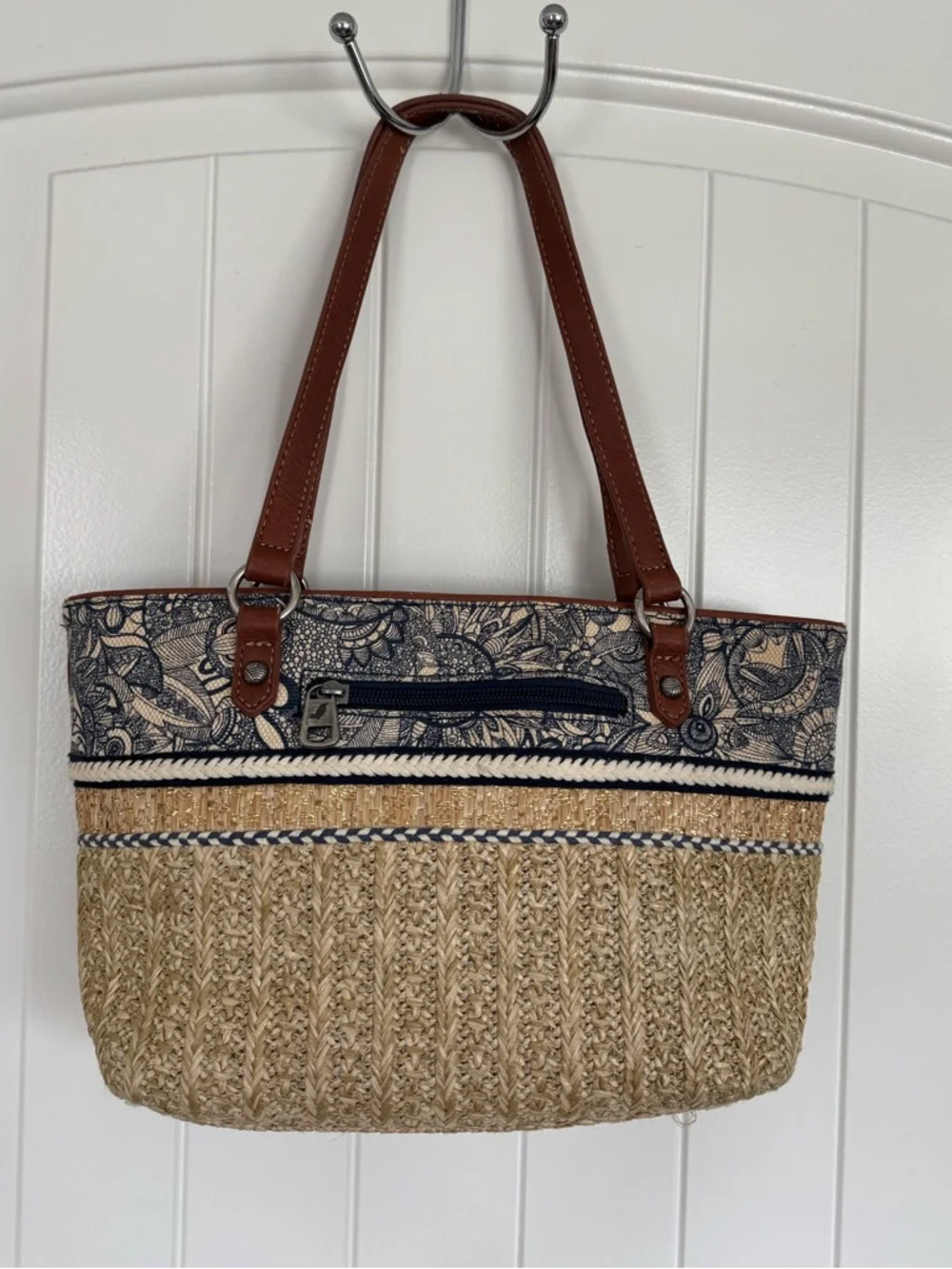 Sakroots Straw Tote Bag Navy Floral Trim Woven Beach Bag Boho - Picture 2 of 8